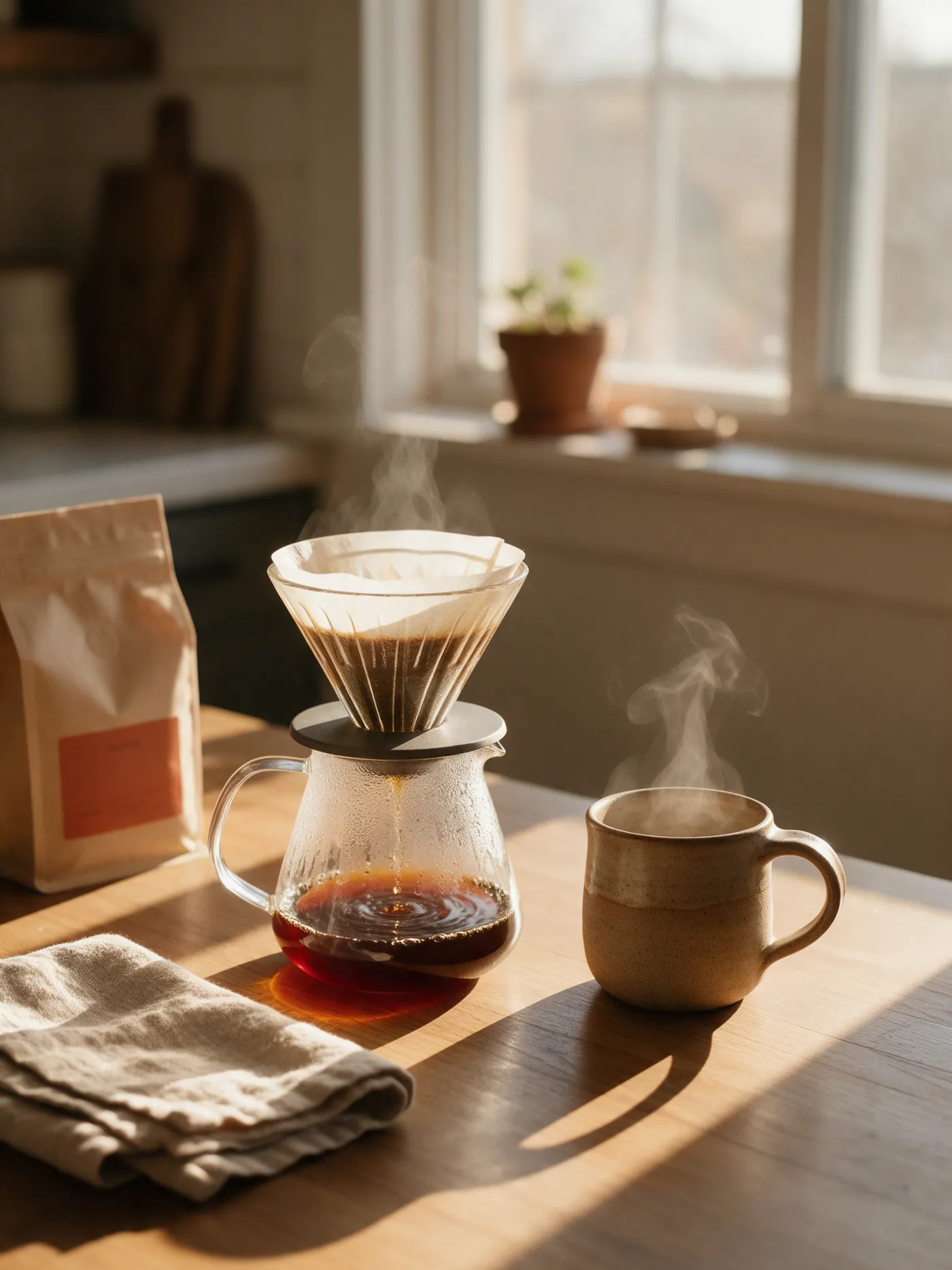 Café de filtro recién preparado junto a una taza de gres, en una mesa de madera con luz de la mañana